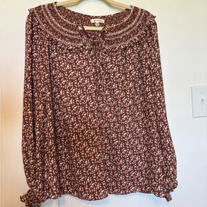 Max Studio Rust Floral Smocked-Neck Blouse